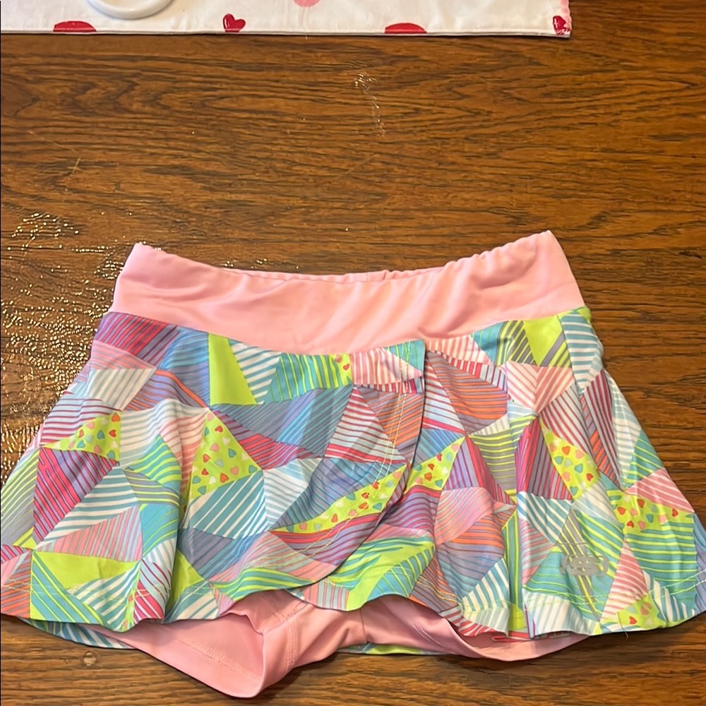 Pink/Blue and Purple Skorts with Geometric Pattern and Flared Hem